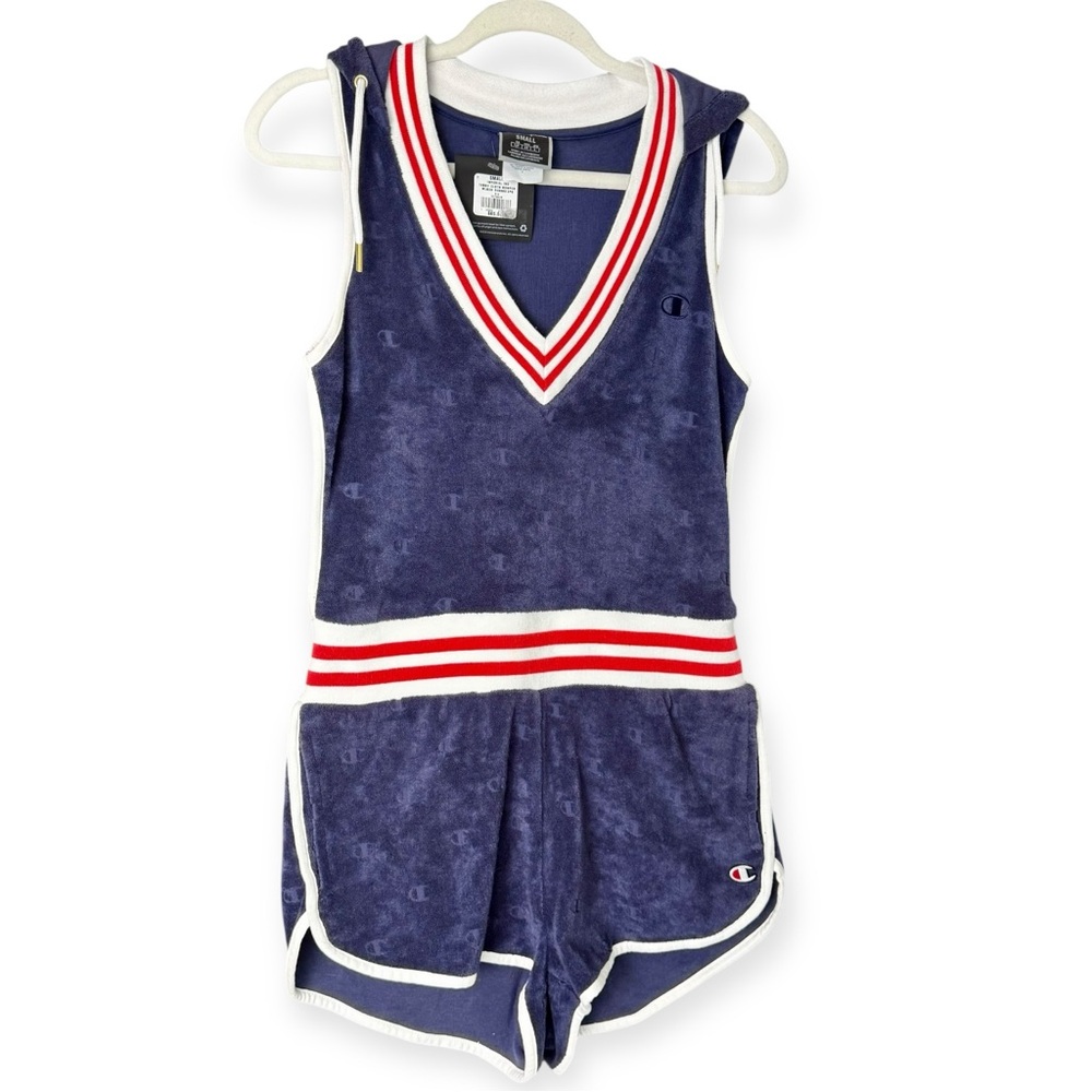 CHAMPION NWT Imperial Indigo Terry Cloth Varsity Hooded Sleeveless Romper, Small - Picture 5 of 13
